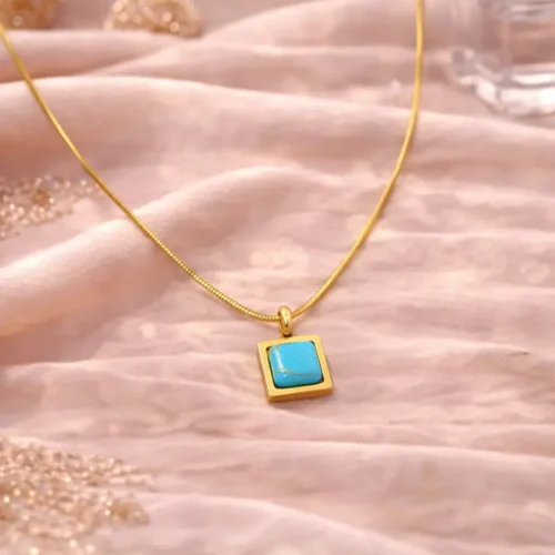 Collar Acero Dorado Cuadrado Piedra Turquesa Natural