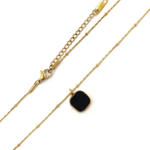 Collar Acero Dorado Cuadro Negro Cadena Espiga Balines (6)