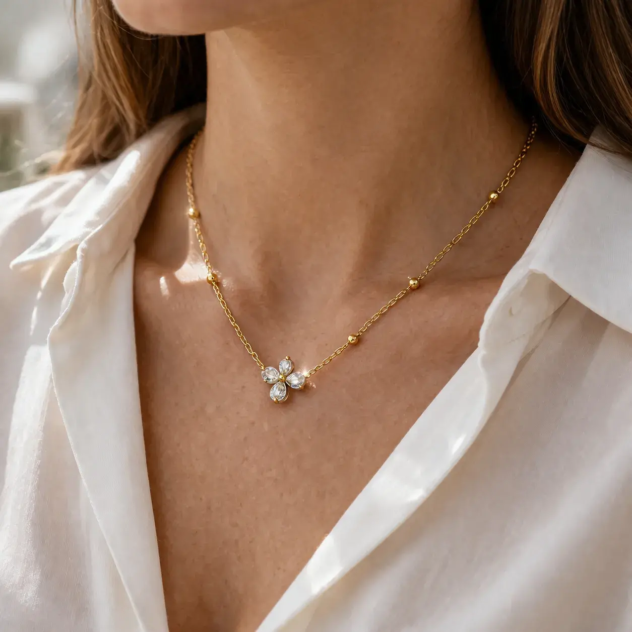 Collar Acero Dorado Flor Petalos Cristales Cadena Balines 6 Collar Acero Dorado Flor Petalos Cristales Cadena Balines