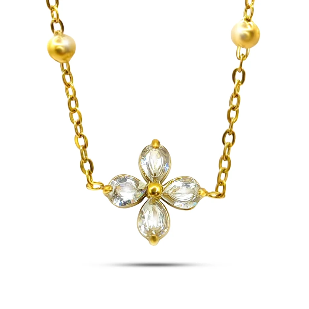 Collar Acero Doble Cadena Cola de Rata Balines y Planchada 13 Collar Acero Dorado Flor Petalos Cristales Cadena Balines