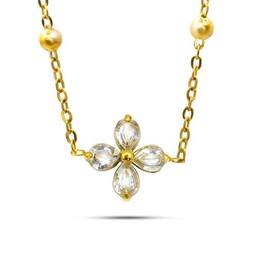 Collar Acero Dorado Flor Petalos Cristales Cadena Balines