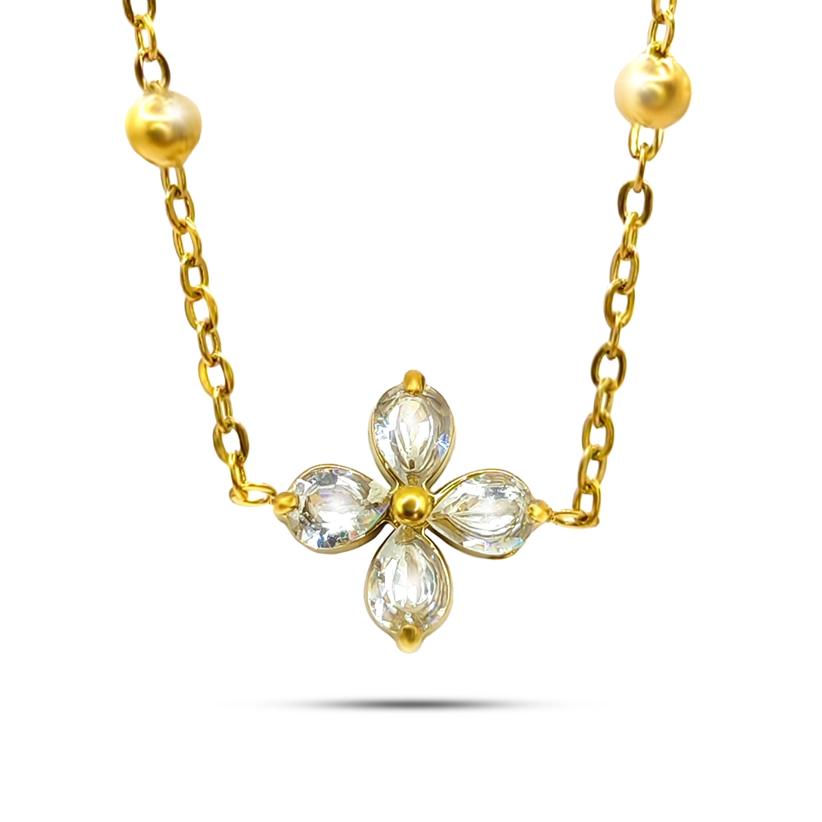 Collar Acero Dorado Flor Petalos Cristales Cadena Balines