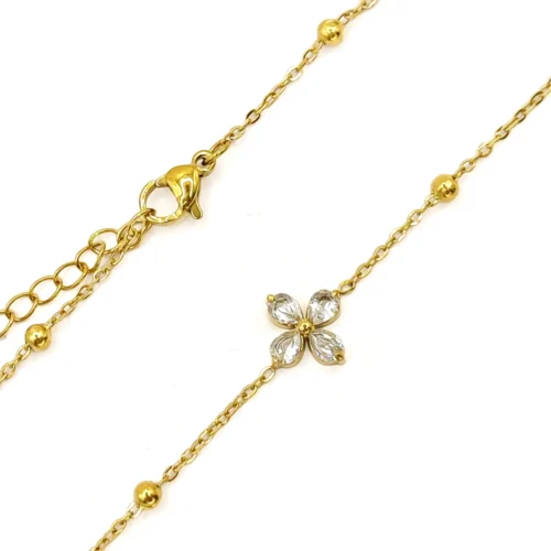 Collar Acero Dorado Flor Petalos Cristales Cadena Balines (3)