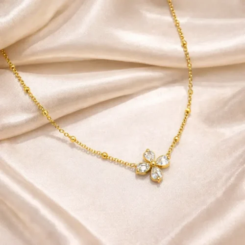 Collar Acero Dorado Flor Petalos Cristales Cadena Balines