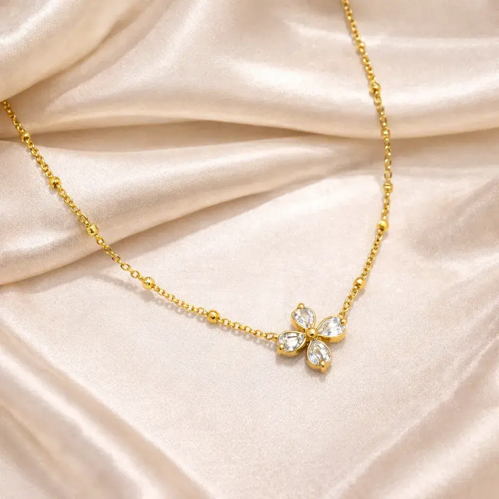 Collar Acero Dorado Flor Petalos Cristales Cadena Balines 5 Collar Acero Dorado Flor Petalos Cristales Cadena Balines