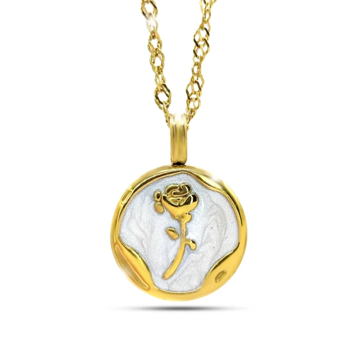 Collar Acero Dorado Medalla Sello Flor Rosa Resina Brillo