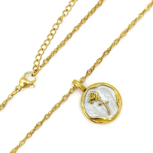 Collar Acero Dorado Medalla Sello Flor Rosa Resina Brillo (3)