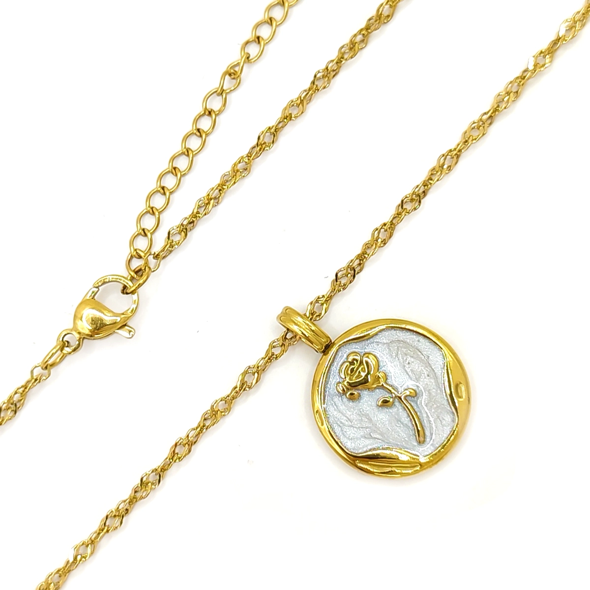 Collar Acero Dorado Medalla Sello Flor Rosa Resina Brillo 3