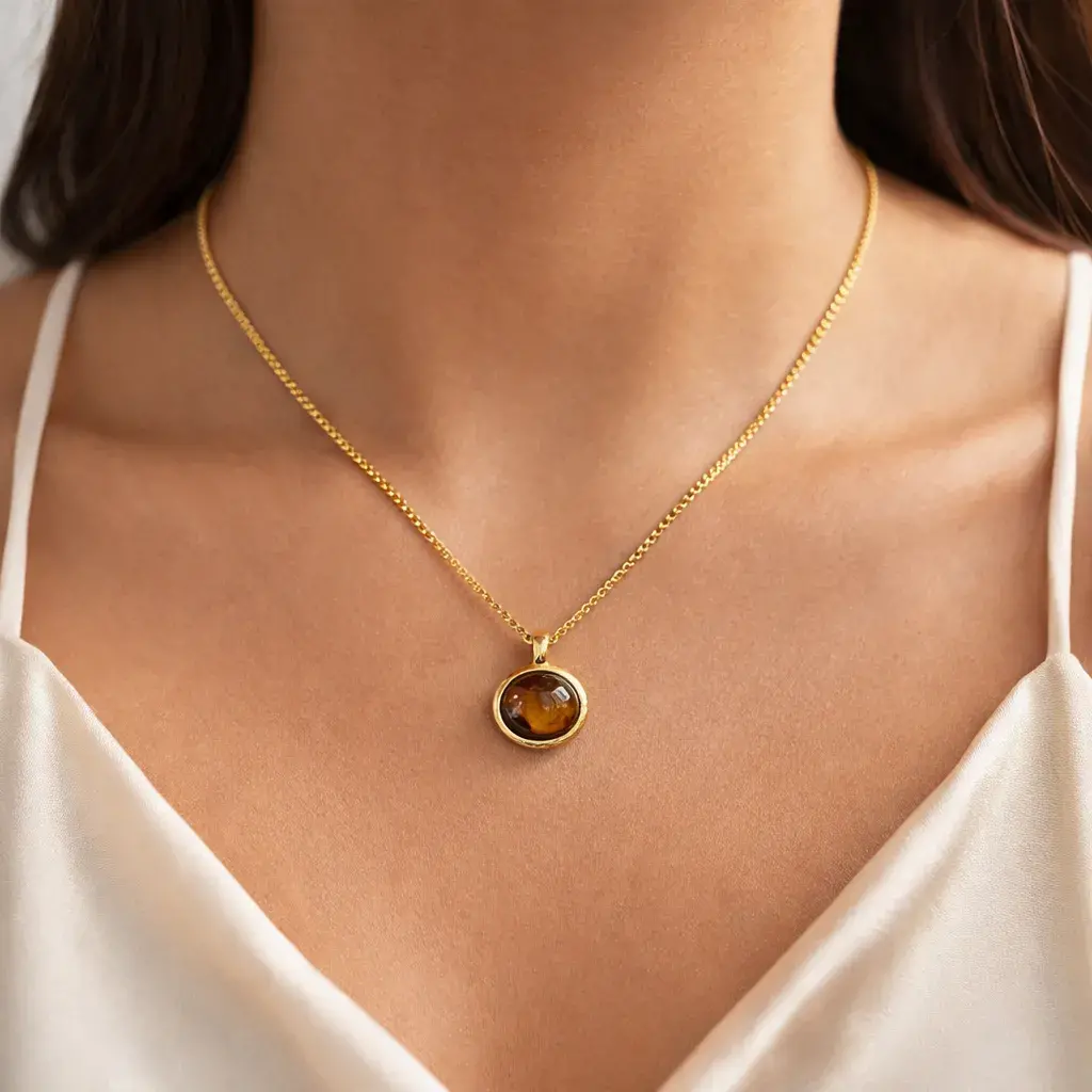 Collar Acero Dorado Ojo de Tigre Natural Piedra Oval 7 Collar Acero Dorado Ojo de Tigre Natural Piedra Oval - Image 5