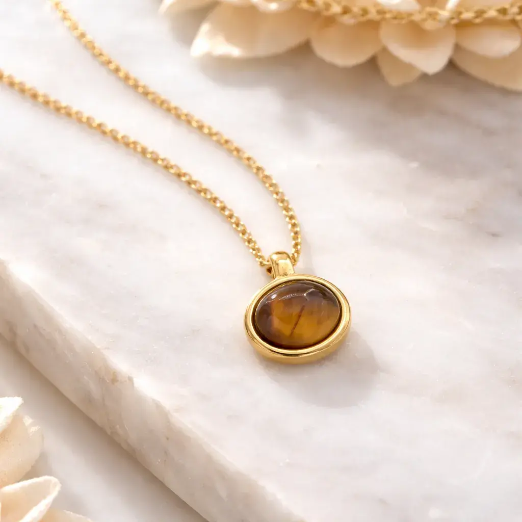 Collar Acero Dorado Ojo de Tigre Natural Piedra Oval 6 Collar Acero Dorado Ojo de Tigre Natural Piedra Oval - Image 4