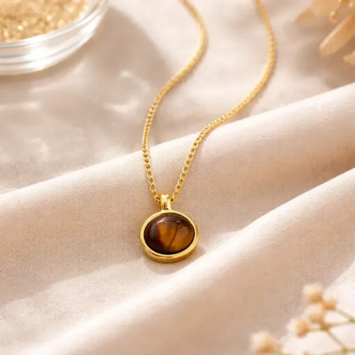 Collar Acero Dorado Ojo de Tigre Natural Piedra Oval (3)