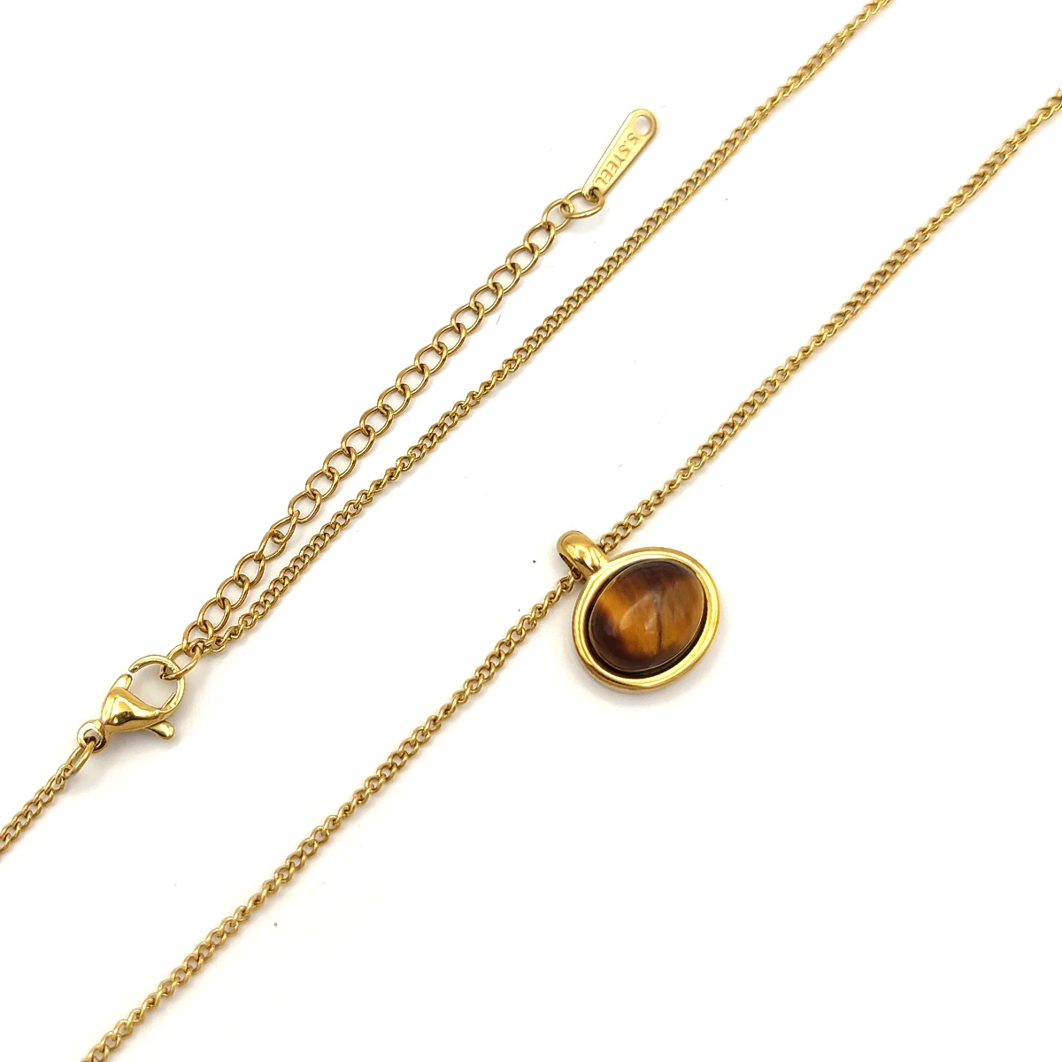 Collar Acero Dorado Ojo de Tigre Natural Piedra Oval 5