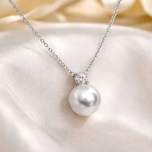 Collar Acero Plateado Perla con Zirconia Cubica Redonda (1)
