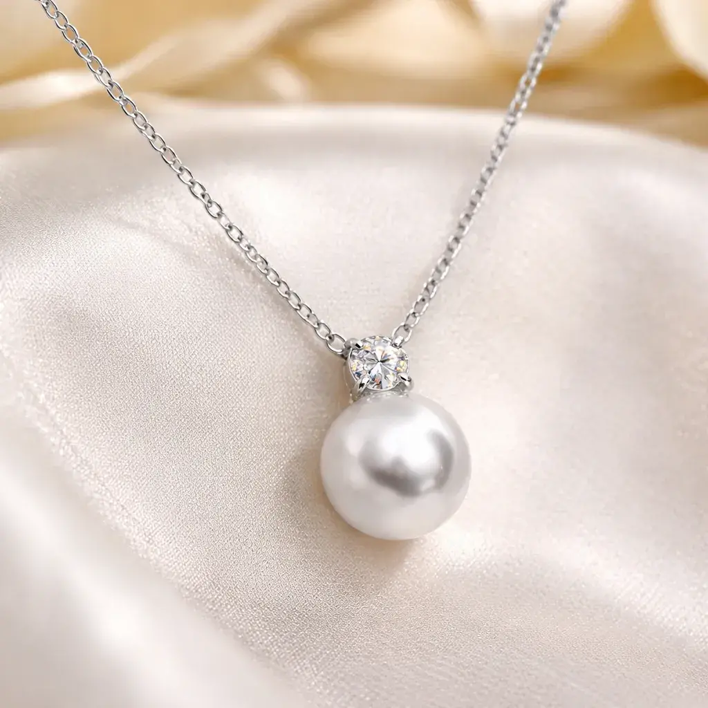 Collar Acero Plateado Perla con Zirconia Cubica Redonda 6 Collar Acero Plateado Perla con Zirconia Cubica Redonda - Image 4