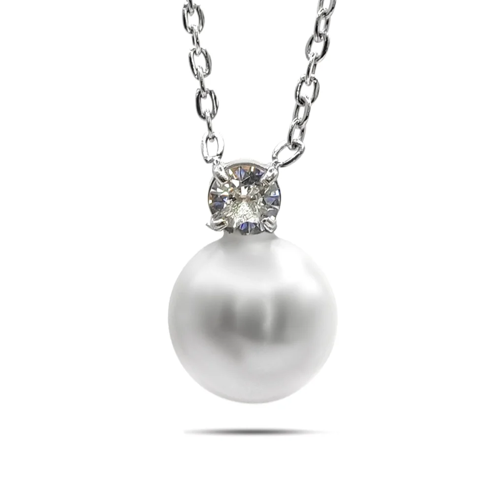 Collar Acero Plateado Perla con Zirconia Cubica Redonda