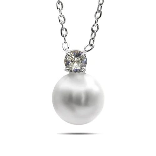 Collar Acero Plateado Perla con Zirconia Cubica Redonda