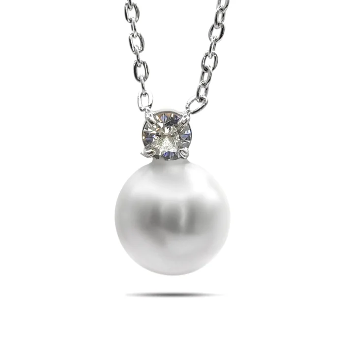 Collar Acero Plateado Perla con Zirconia Cubica Redonda