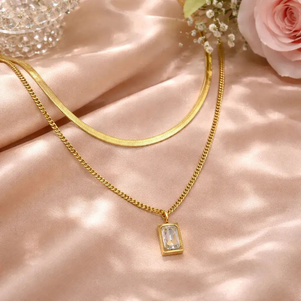 Collar Acero Dorado Doble Planchada Cubana Zirconia 6 Collar Acero Dorado Doble Planchada Cubana Zirconia - Image 4