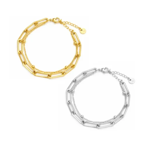 Pulsera Acero Doble Eslabon Oval Largo y Balines