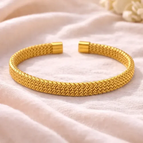 Pulsera Acero Dorado Brazalete Abierto Malla Tejida (1)
