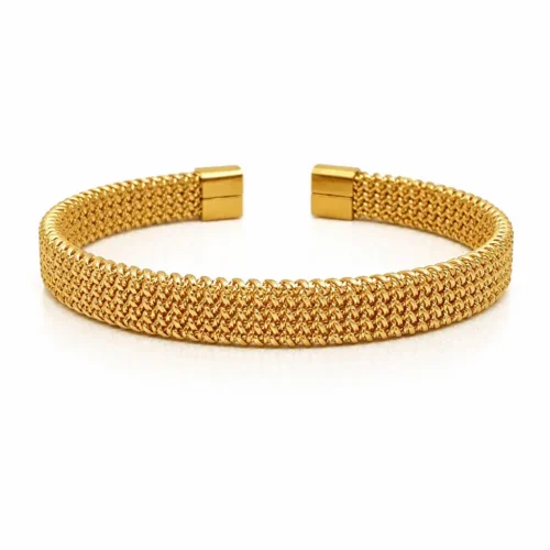 Pulsera Acero Dorado Brazalete Abierto Malla Tejida (3)
