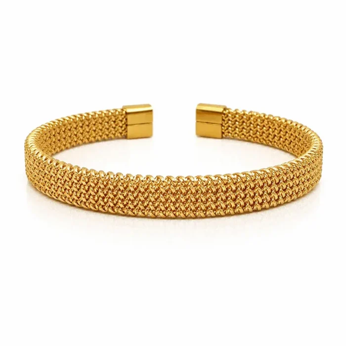 Pulsera Acero Dorado Brazalete Abierto Malla Tejida (3)