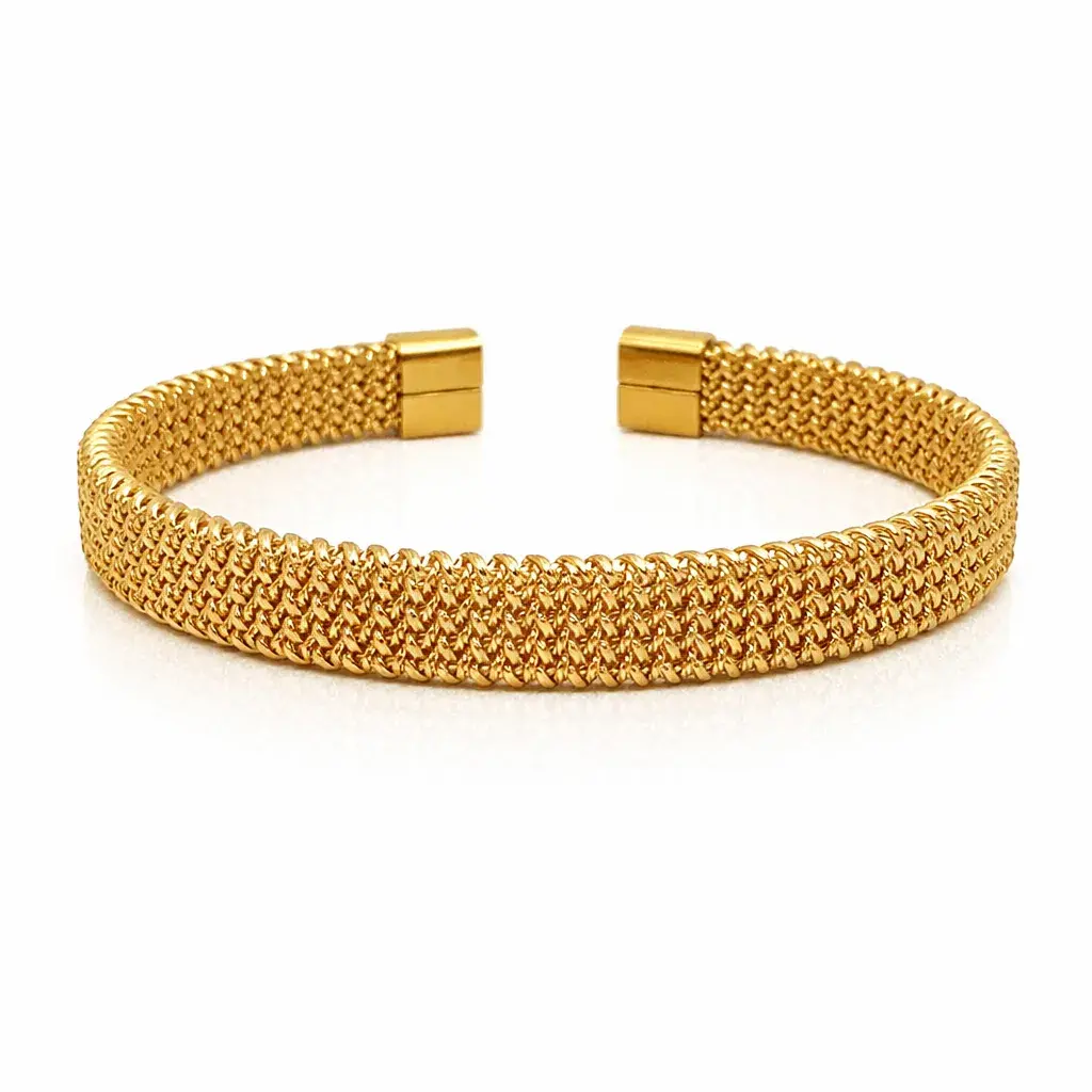 Pulsera Acero Dorado Brazalete Abierto Malla Tejida 3