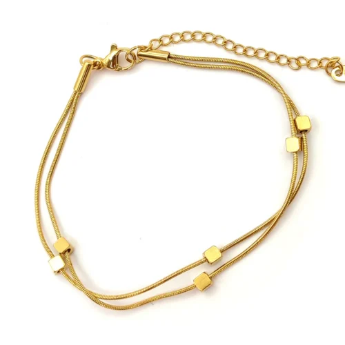 Pulsera Acero Dorado Doble Cola de Rata Delgada Cubos (3)