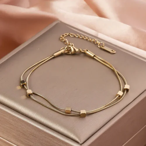 Pulsera Acero Dorado Doble Cola de Rata Delgada Cubos (4)