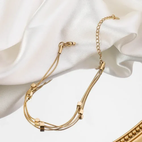 Pulsera Acero Dorado Doble Cola de Rata Delgada Cubos (5)