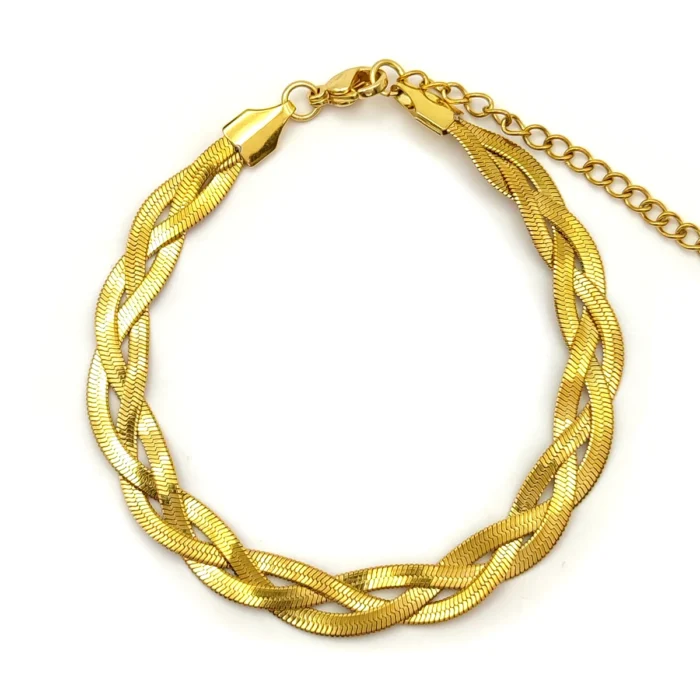 Pulsera Acero Dorado Panza de Vibora Planchada Trenza