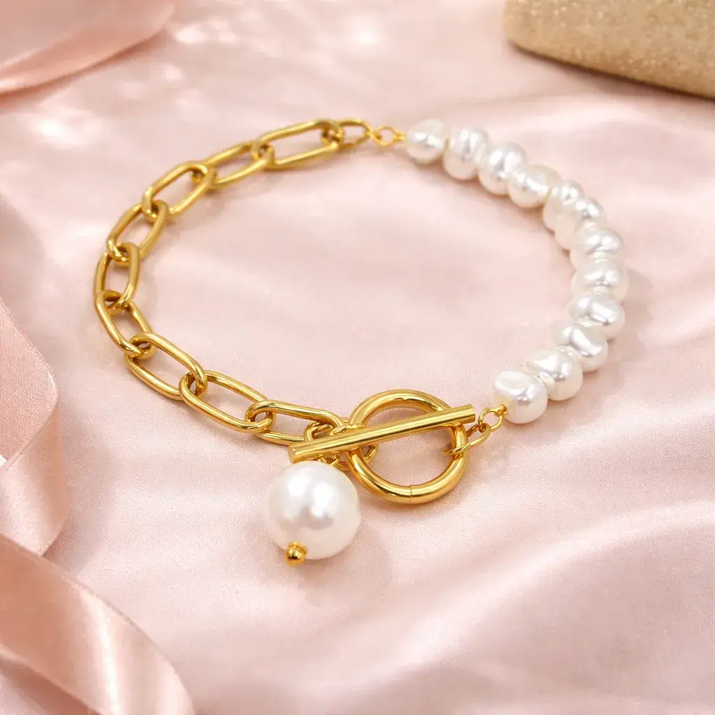 Pulsera Acero Dorado Perlas y Eslabon Oval Broche Barra 6 Pulsera Acero Dorado Perlas y Eslabon Oval Broche Barra - Image 4