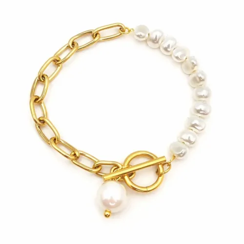 Pulsera Acero Dorado Perlas y Eslabon Oval Broche Barra