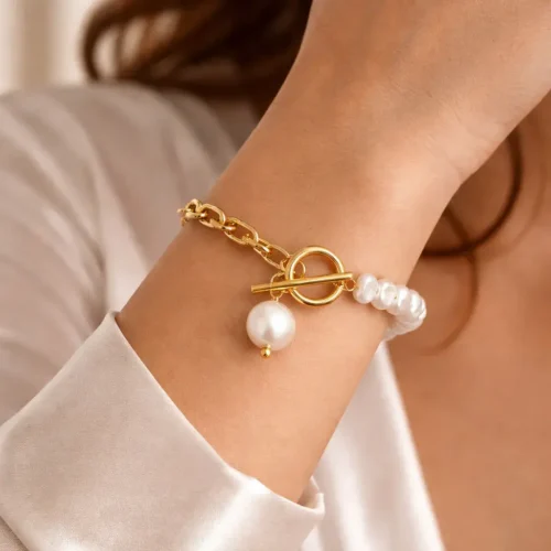 Pulsera Acero Dorado Perlas y Eslabon Oval Broche Barra (3)