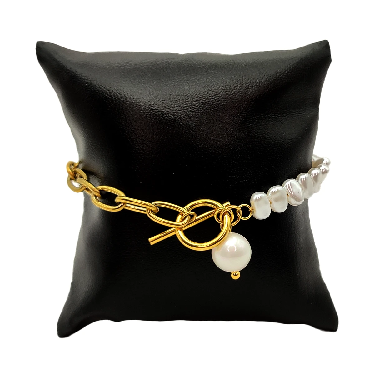 Pulsera Acero Dorado Perlas y Eslabon Oval Broche Barra 5