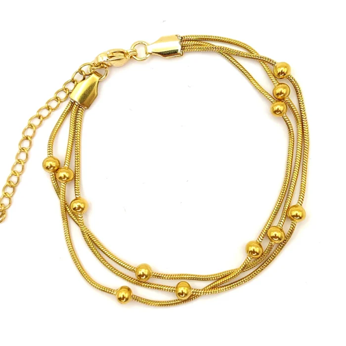 Pulsera Acero Dorado Triple Cola de Rata con Balines