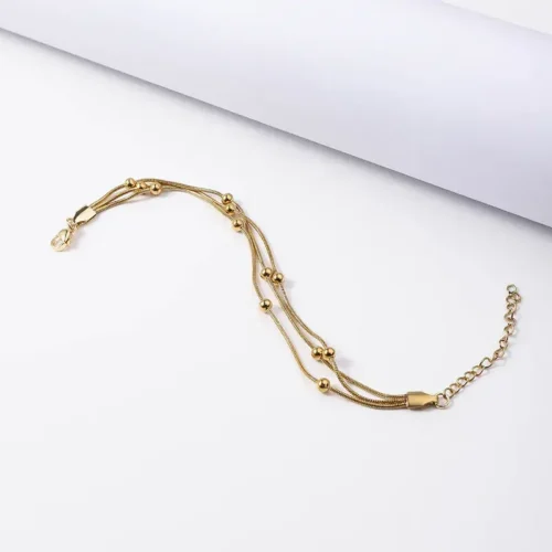 Pulsera Acero Dorado Triple Cola de Rata con Balines (4)