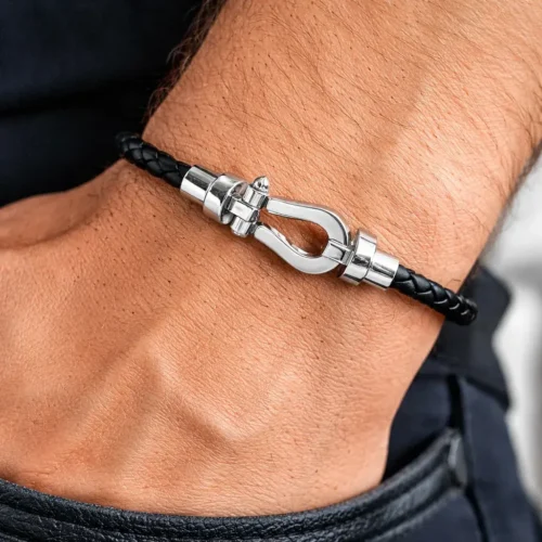 Pulsera Acero Piel Negra Trenzada Diseño Tipo Hebilla (1)