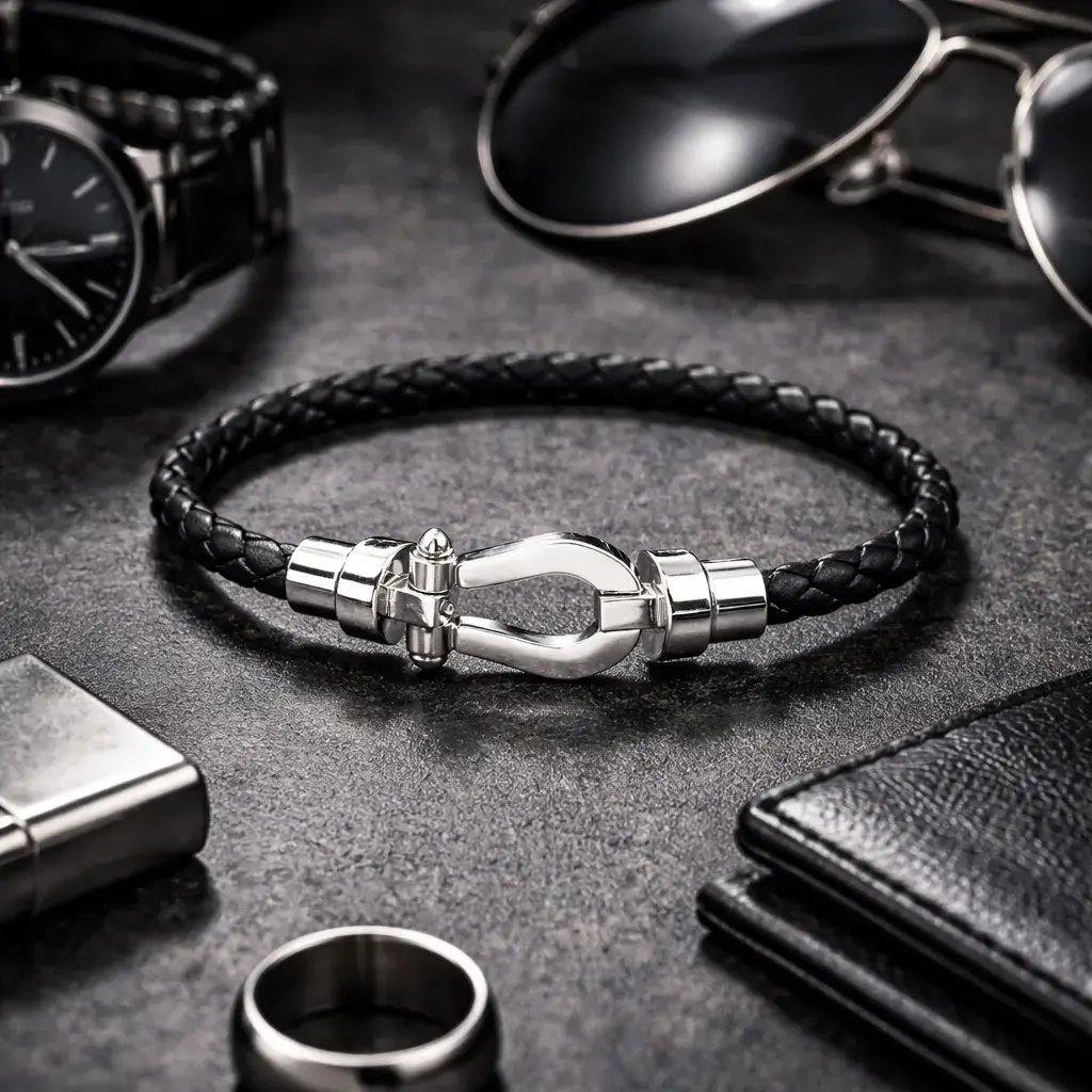 Pulsera Acero Piel Negra Trenzada Diseño Tipo Hebilla 7 Pulsera Acero Piel Negra Trenzada Diseño Tipo Hebilla - Image 5