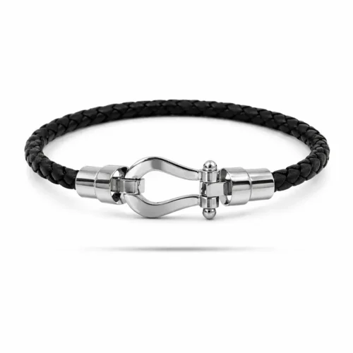 Pulsera Acero Piel Negra Trenzada Diseño Tipo Hebilla