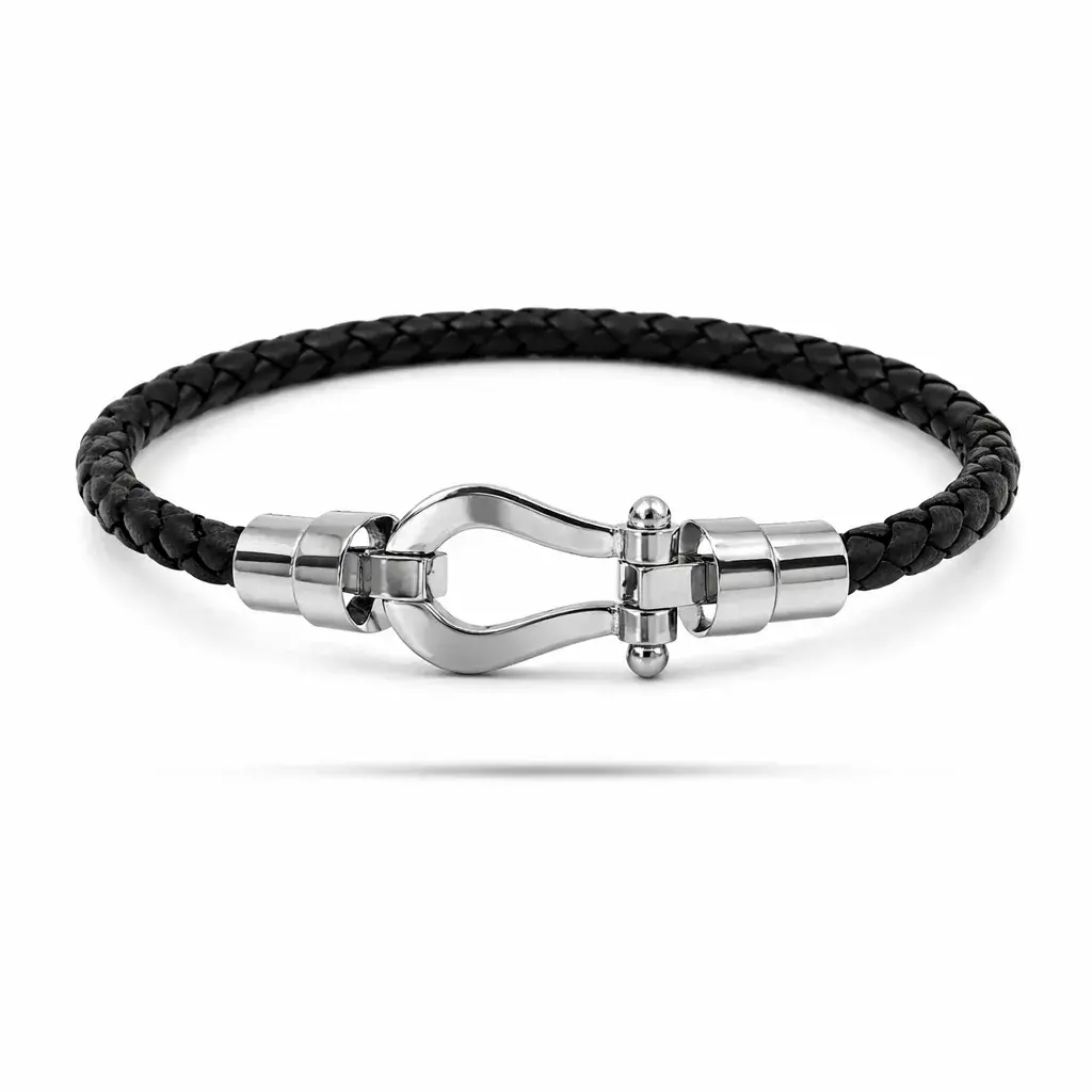 Pulsera Acero Piel Negra Trenzada Diseño Tipo Hebilla
