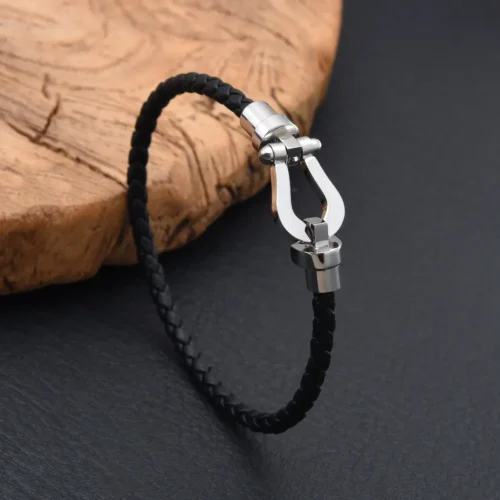 Pulsera Acero Piel Negra Trenzada Diseño Tipo Hebilla