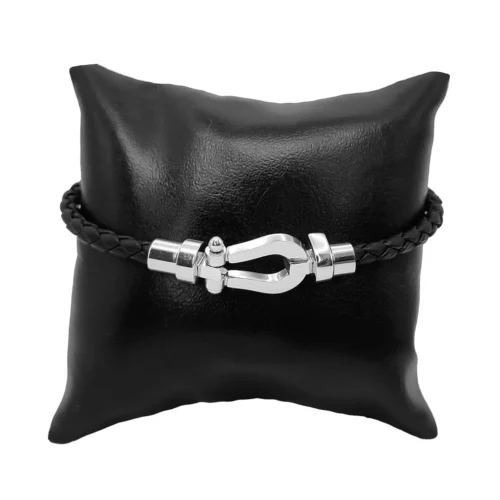 Pulsera Acero Piel Negra Trenzada Diseño Tipo Hebilla (6)