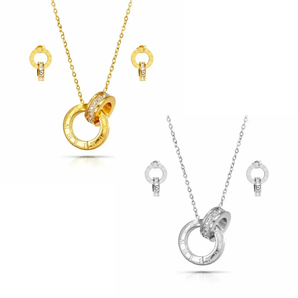 Set Joyeria Aros Entrelazados Zirconias Numeros Romanos