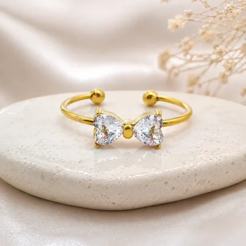 Anillo Acero Dorado Moño Centro Zirconia Cubica Ajustable (1)