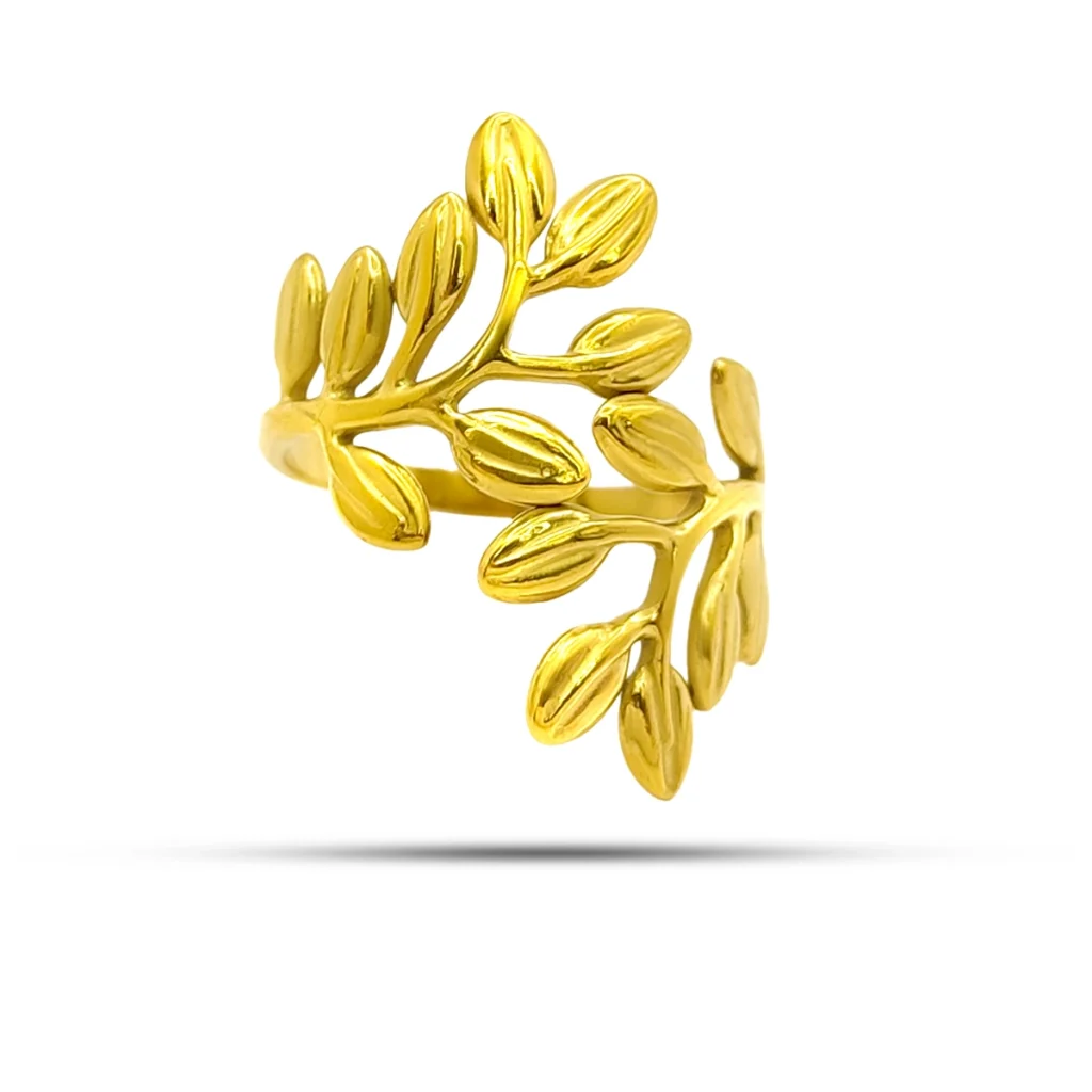 Anillo dorado ajustable de acero inoxidable con doble línea irregular y diseño abierto sobre fondo blanco