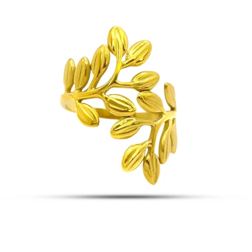 Anillo dorado ajustable de acero inoxidable con doble línea irregular y diseño abierto sobre fondo blanco