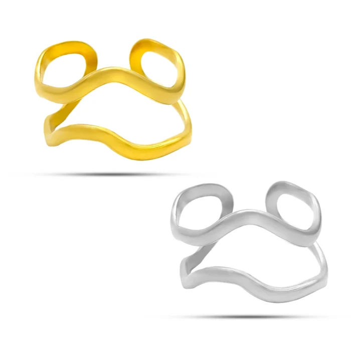 Anillo ajustable dorado de acero inoxidable con doble línea irregular y diseño ondulado sobre fondo blanco