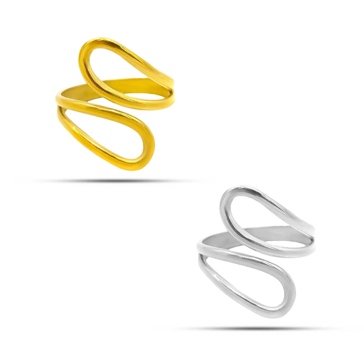 Anillo dorado ajustable de acero inoxidable con diseño de gotas huecas delgadas sobre fondo blanco