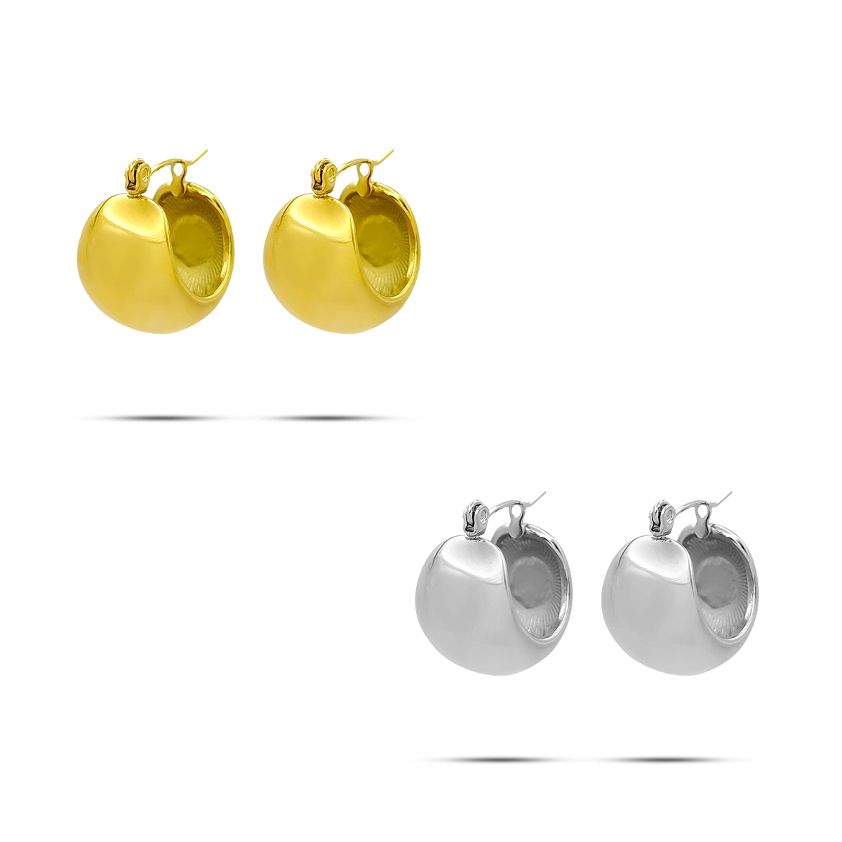 arracadas chunky de acero inoxidable doradas y plateadas con diseño circular grueso sobre fondo blanco